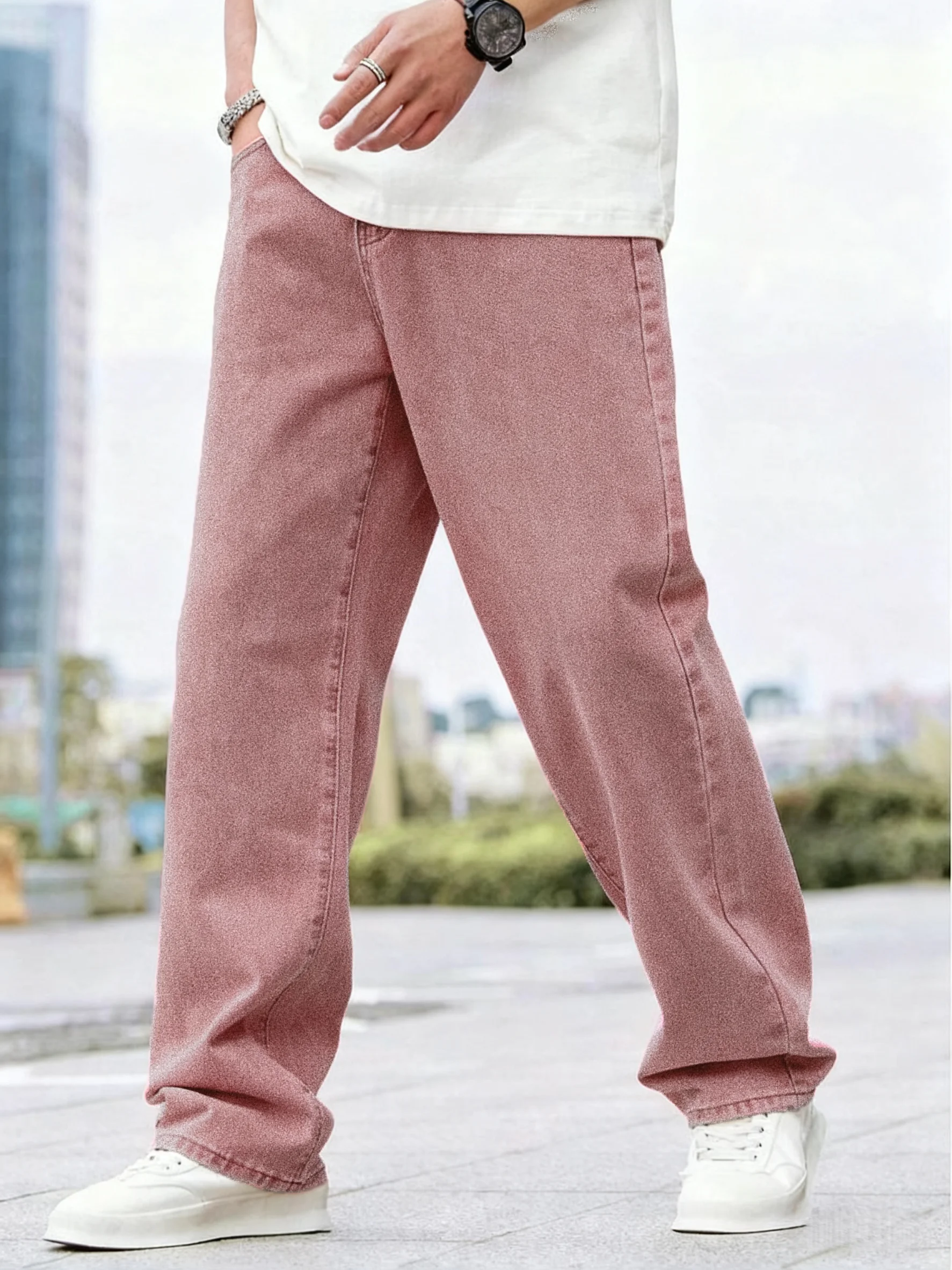 

Men's Baggy Jeans, Vintage Pink Washed Denim Pants, Wide Leg Loose Fit, Streetwear Hip Hop Casual Trousers for Men