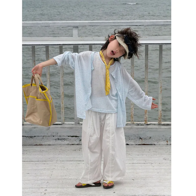 26 Spring Summer New Children Clothes Boy Girl Colorful Ultra-thin Vest And Sunscreen Cardigan Top 2piece Set 5-12 Years Outfit