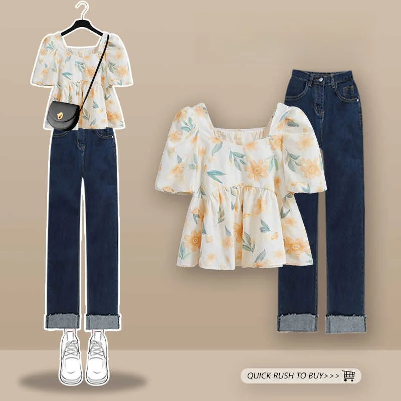 

Summer Outfit Women's Short Sleeve Top And Slimming Denim Jeans Two Piece Set Salt Series Fashionable Casual Polyester Fiber