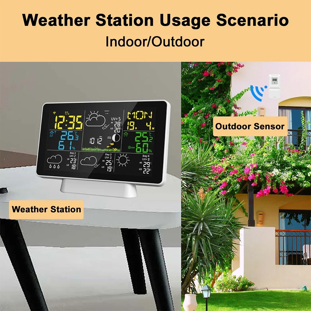 Kolorowy ekran Inteligentna stacja pogodowa Temperatura Ciśnienie atmosferyczne Funkcja przypomnienia szczytowego, funkcja kalibracji czasu WIFI