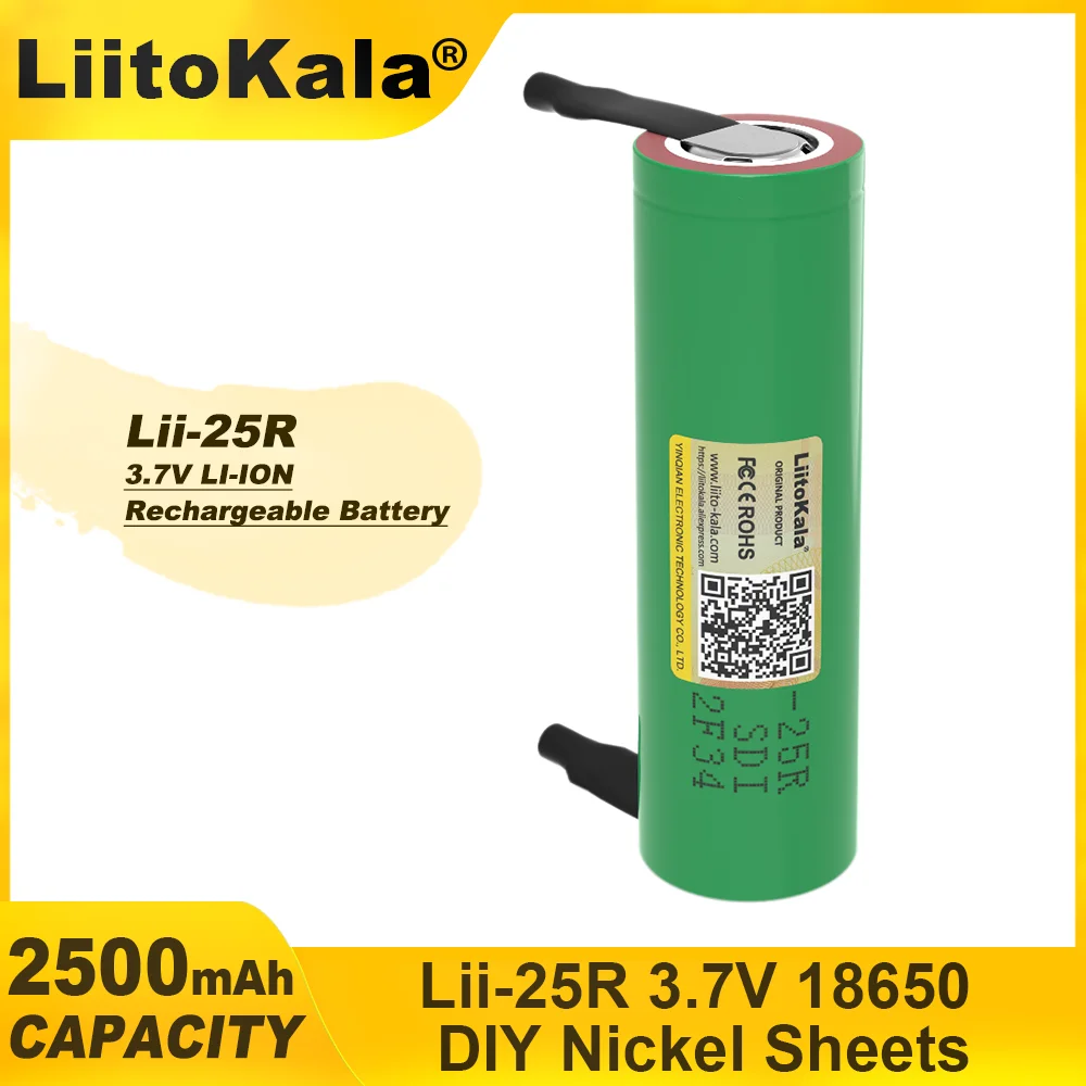 LiitoKala-rechargeable lithium battery, high capacity nickel battery, DIY, Lii-25R, 18650, 3.7 V, 2500mAh