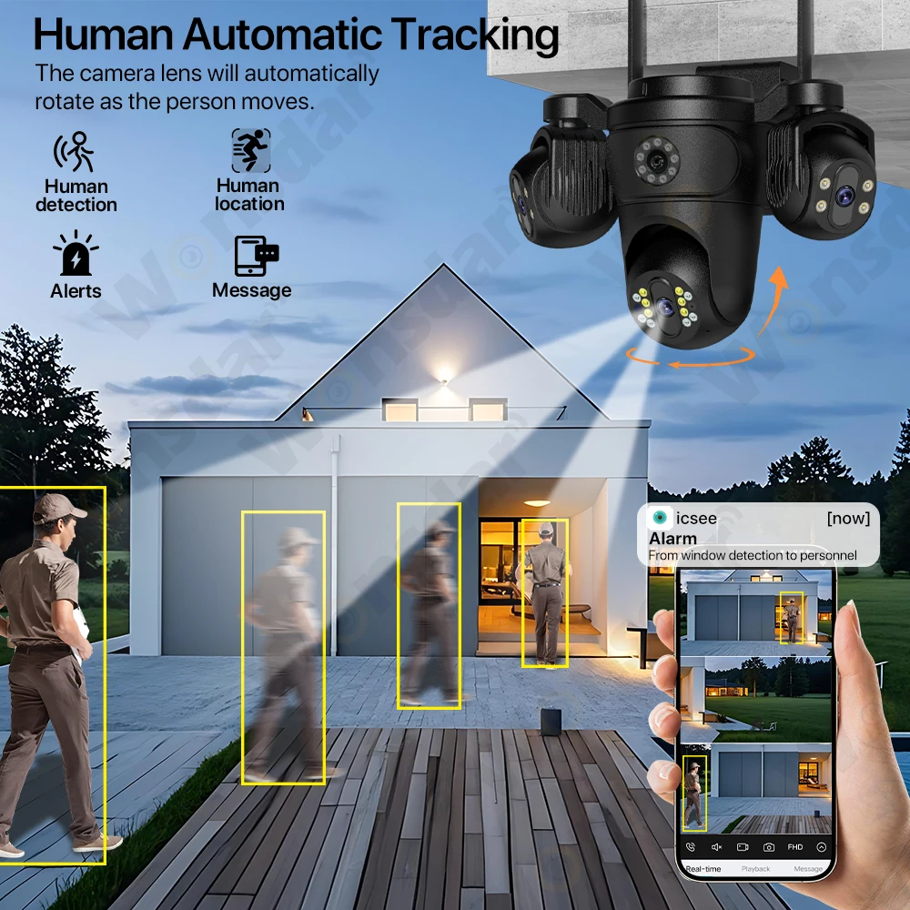 Telecamera IP WiFi Esterna 15MP Tripla Lenti Tripla Schermi Video di Sicurezza Monitor 8MP HD Ai Rilevamento Umano Telecamera CCTV iCsee