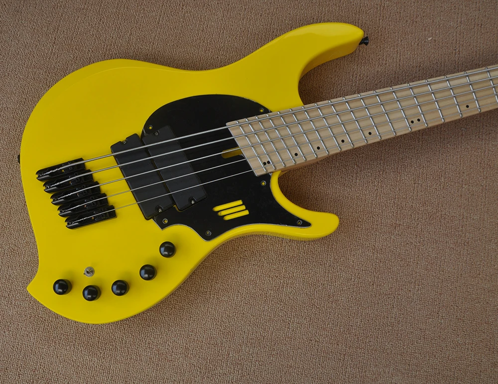 5 Strings Yellow Electric Bass with Slanted Frets,Active Circuit,Maple Fretboard,Customizable