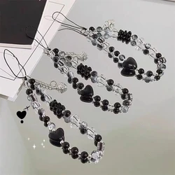 Korean Y2K Black Bear Heart Phone Chain Trendy Pendant For iPhone Samsung Universal Accessories Cute Phone Hanging Rope For Girl