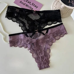 SP&CITY Thin Lace Embroidery Sexy Thongs Love Metal Transparent Women's Underwear Soft Cotton Crotch Hollow Out Panties Tanga