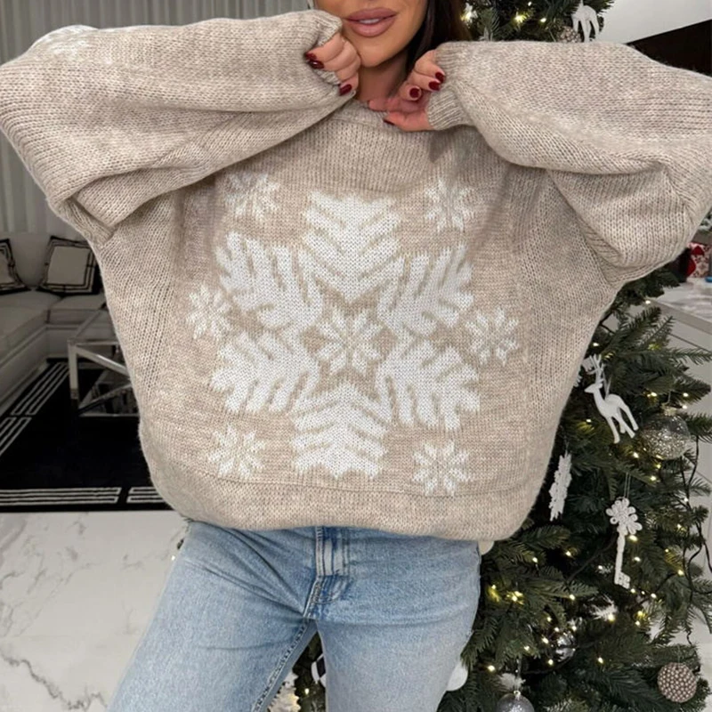 

Autumn Winter Women O-neck Casual Sweater Christmas Fashion Knitted Pullover Tops Snowflake Pattern Long Sleeved Loose Sweater