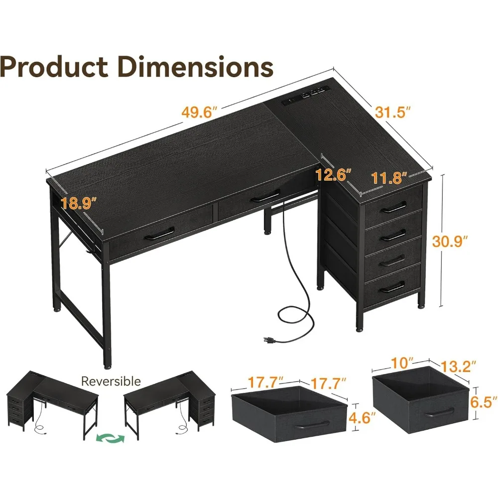 Mesa em forma de L de 50 polegadas com gavetas, mesa de computador com tomadas elétricas, mesa de escritório doméstico com 6 gavetas
