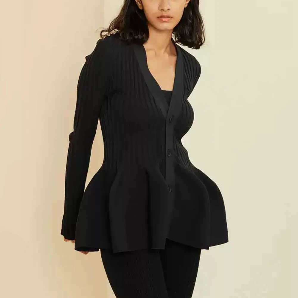 Single-breasted Ruffle Hem Women Cardigan Y2k Waist Slim Fashion Elegant Commuter V-Neck Long Sleeve Sweater Top 2024 Autumn New