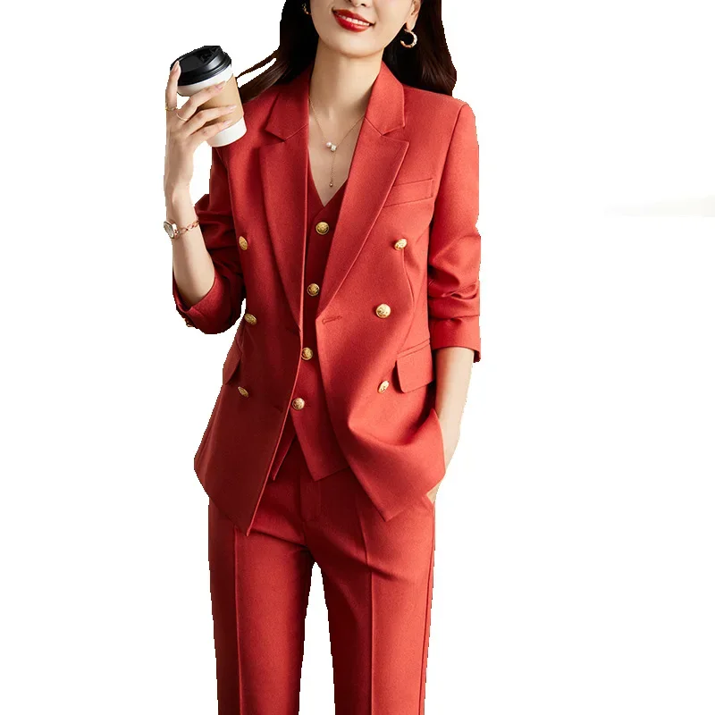 

Pop Autumn Business Suits 3 Piece Set Blazer Coat +Pants+ Vest Formal Women Office Professional Blazers Pantsuits Trousers Set