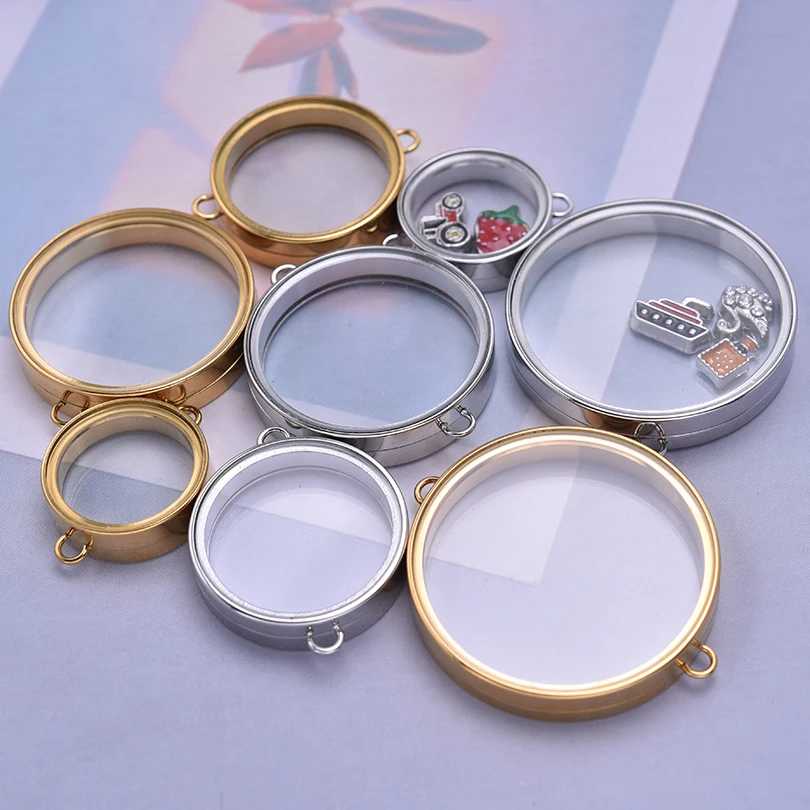 5pcs/lot Stainless Steel Glass Floating Lockets with Double Hanging Holes No Fade Lockets Pendant Jewelry Medallion Photo Keeper