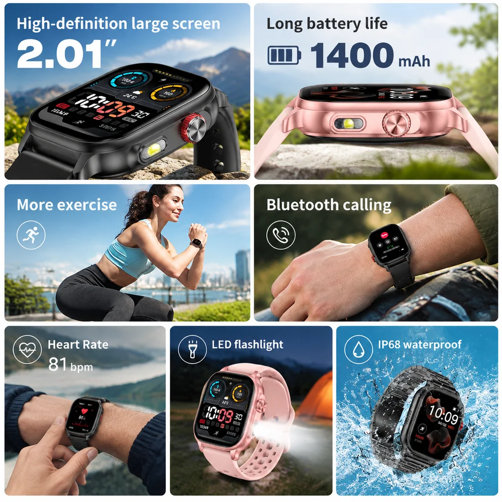 2026 New 1400mAh Large Battery Military Outdoor 2.01 inches Smart watch Men 10ATM Waterproof Bluetooth Call Sports Smart Watch