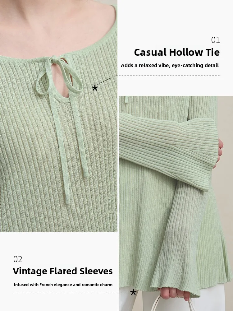 Spring New round Ne Svel Knitted Sweater Women's French Sle Faion Bell Sve Tied oulder Top i Polyester Fiber