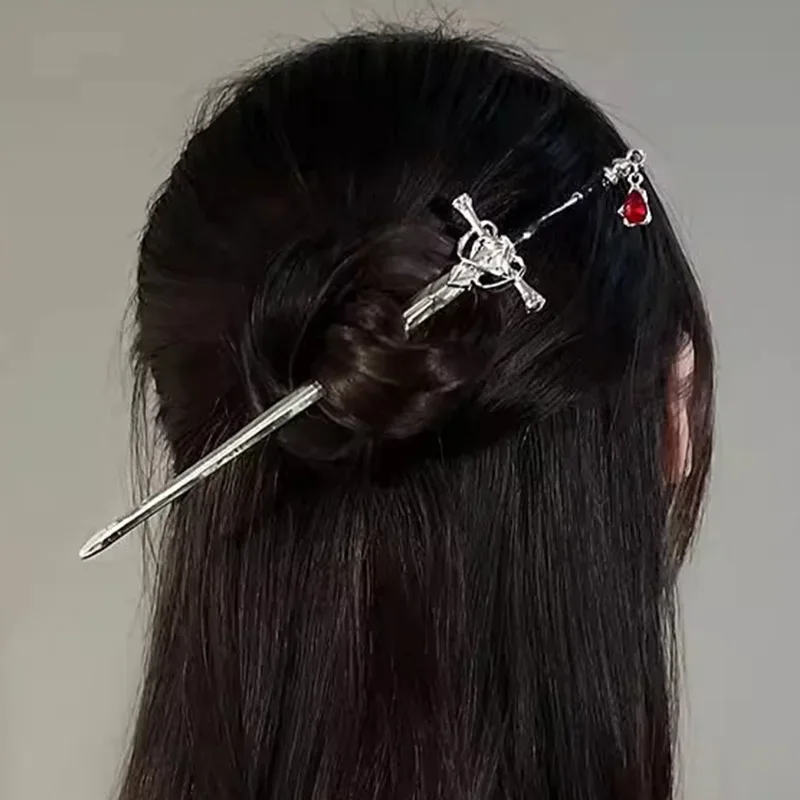 

Creative Sword Ruby Pendant Hairpins Vintage Chinese Style Sword Hair Sticks Punk Hairpin Women Trendy Hair Pin Dish Accessories
