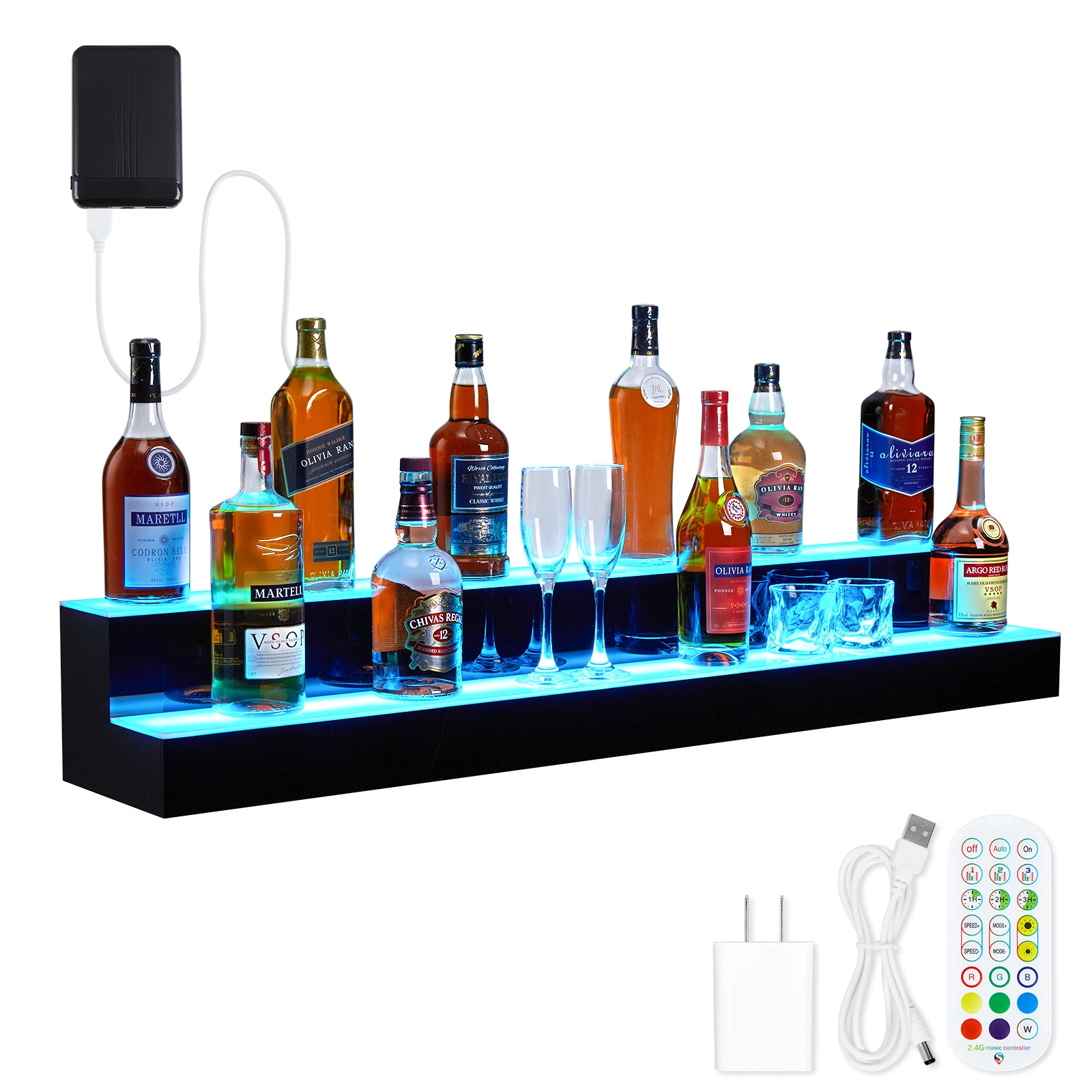 Led Lighted Liquor Bottle Shelf, 2 Tiers Led Bar Display Shelf with Remote & App Control, 16 Colors, 4 Modes,Timing, Bar Lights