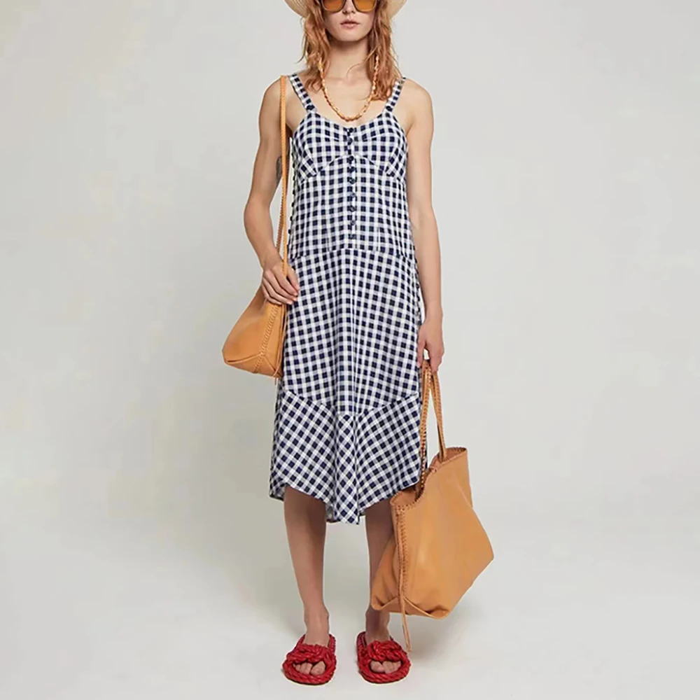 Checkered Cotton Dress for Women,Elegant Dress,Side Split, Single Breasted Halter Dress,Blue and White,Early Autumn,New,Y2K,2024