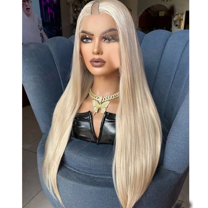 

Светло-платиновый блонд, шелковистые прямые волосы, 100% индийские натуральные волосы, парик для белых женщин, без клея, с U-образной частью 1x4, легко надеваемый, без клея