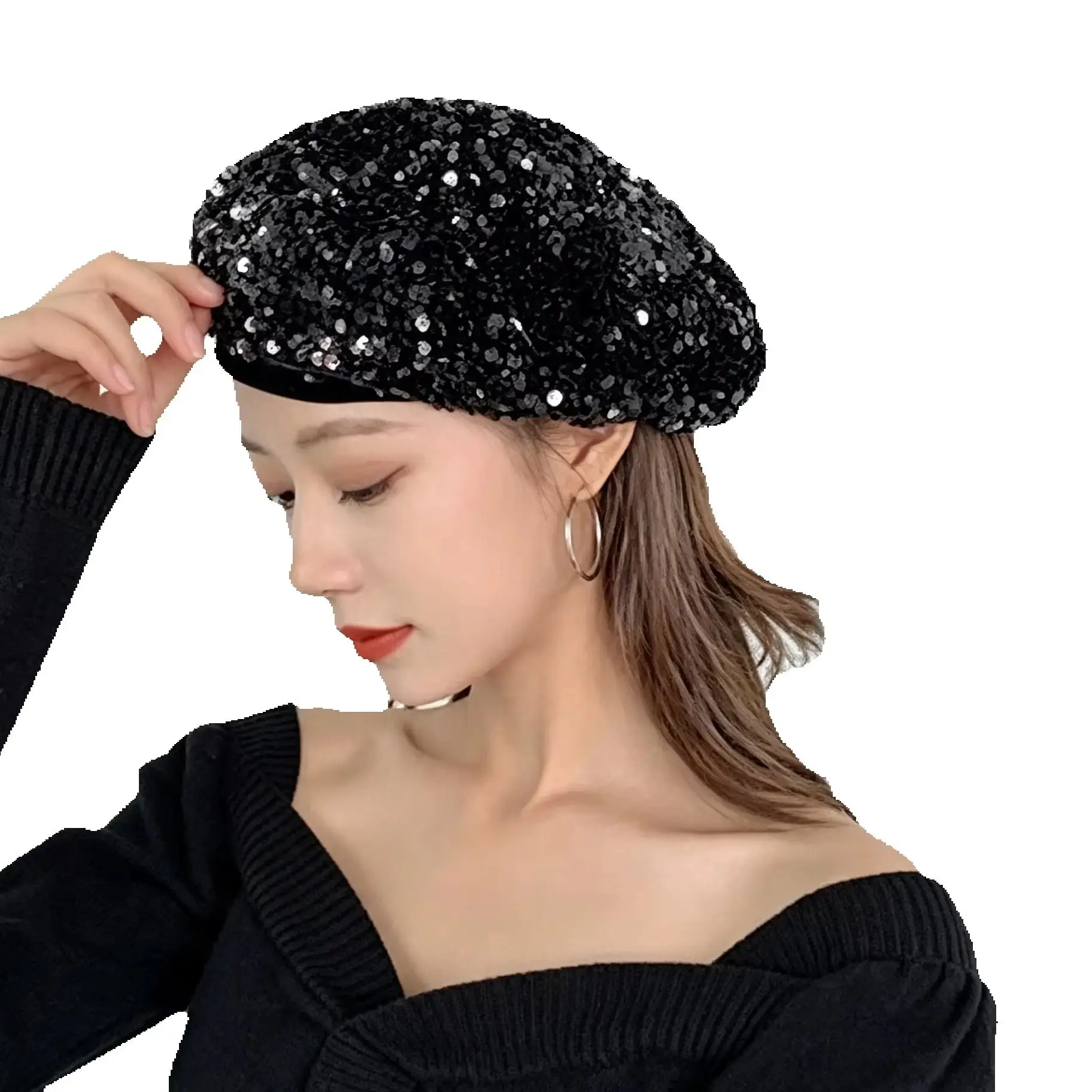 Bling Beret Hats for Girls Women Sequin French Artist Cap Fashionable Ladies Sparkle Shining Bonnets