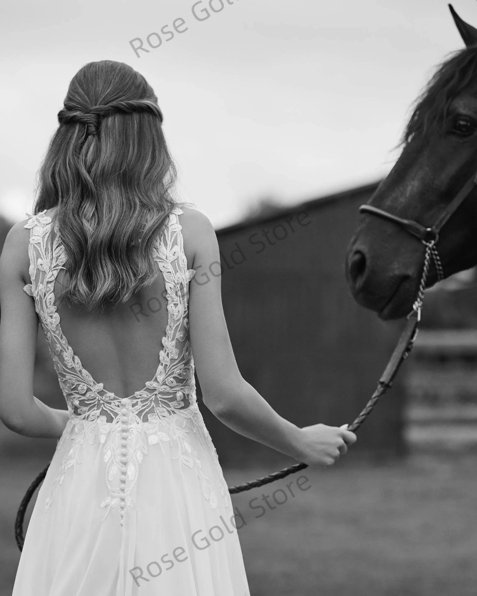 Boho A-lijn trouwjurken V-hals Kant geappliceerde bruidsjurken Chiffon Backledd vestido de novia voor bruiloftsfeest op maat