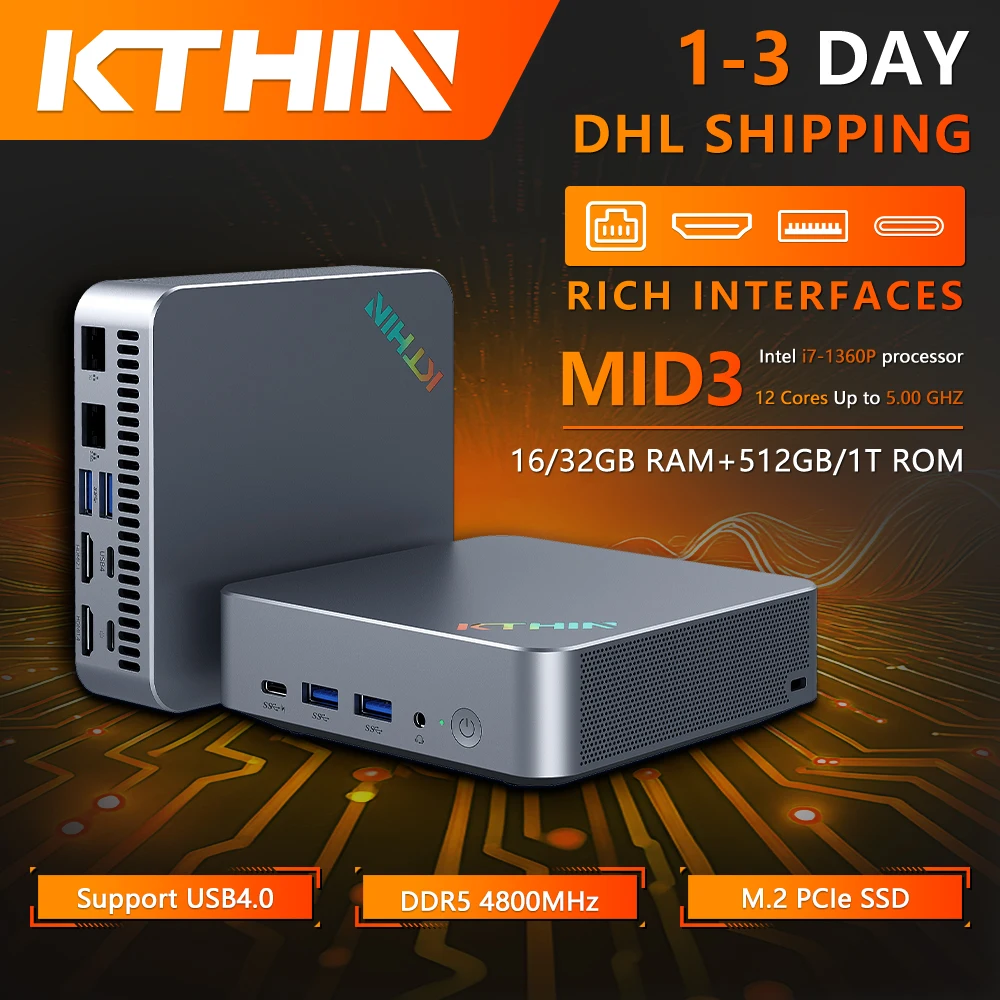 KTHIN MID3 Mini PC i7-1360P 5.0GHz WIFI6 BT5.2 Mini Computer DDR5 16GB RAM 512GB ROM 2.5G LAN USB4.0 Mini Desktop Computer