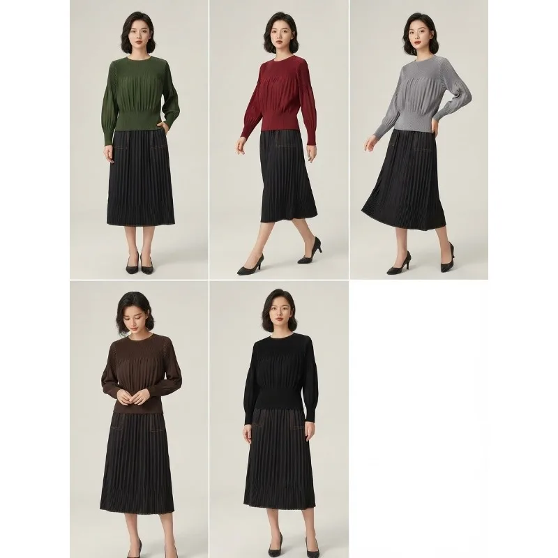 Pleated Round Neck Top 2026 New Japan Style Thick Material Loose Comfortable Casual Versatile Long Sleeve Fold T-Shirt Women