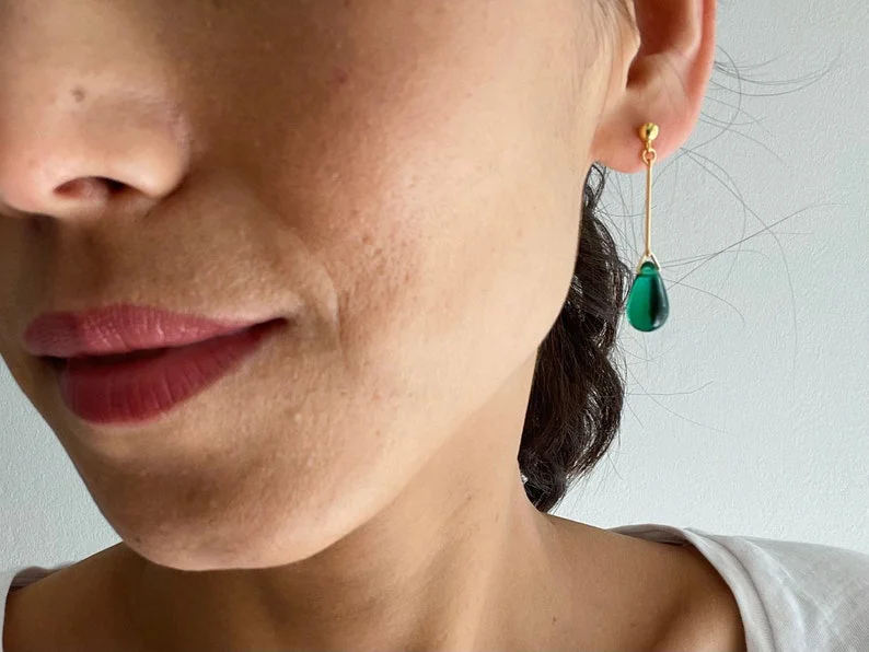 Gold plated bar with Emerald green teardrop earrings Elegant earrings Classic essential earrings gift for her