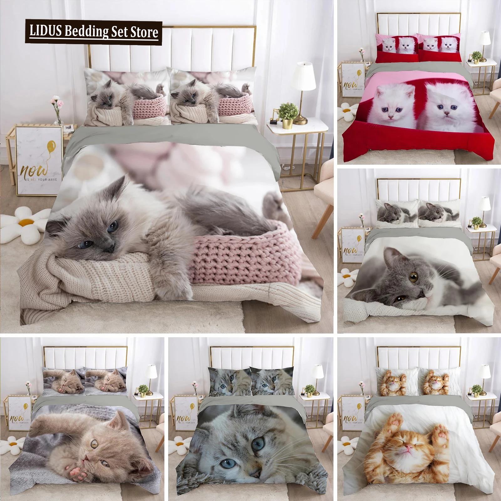 

Cat Duvet Cover Set Lovely Animal Kitten Printed Quilt Cover Kids Teens Girl Animal Double Queen King Size Polyester Bedding Set