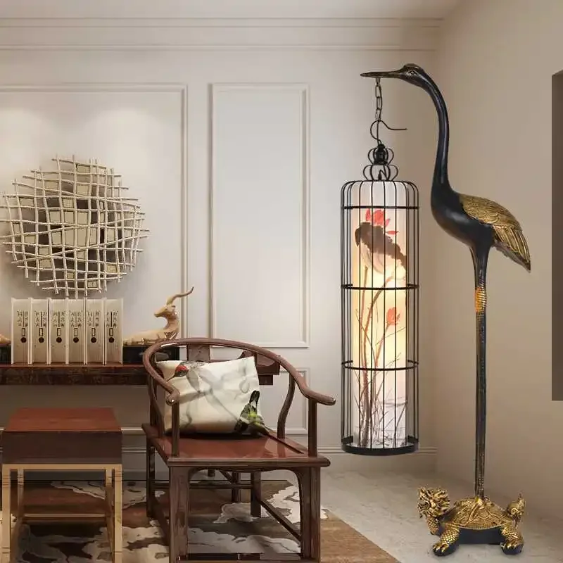 Creative New Chinese Antique Turtle Crane Sickness Floor Lamp Crane Bird Cage Lamp Classical Hotel