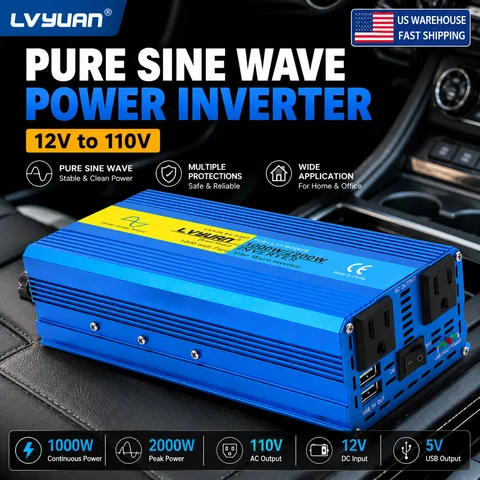 LVYUAN Pure Sine Wave Power Inverter 1000W Continuous 2000W Peak DC 12V to AC 110V 60Hz Converter with Dual AC Outlets USB Charging Ports for Car Truck Pickup SUV RV Camper Outdoor Camping Emergency Backup Power Supply Portable Inverter