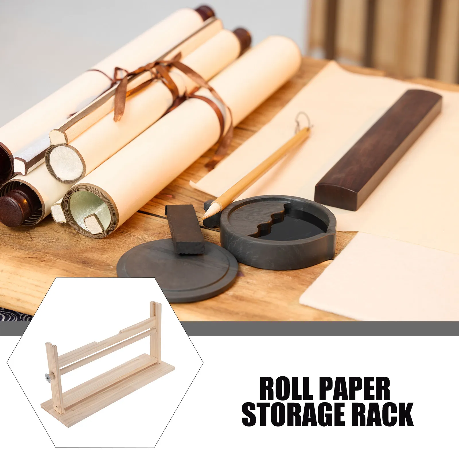 wooden-paper-roll-holder-vertical-xuan-paper-organizer-tabletop-art-scroll-holder-stable-calligraphy-roll-dispenser-drawing