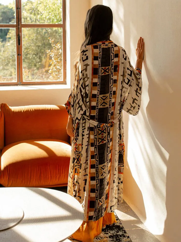 2023 żółta Retro nadruk sukienka z długim rękawem z wszytym paskiem Plus Size artystyczne Kimono damskie odzież uliczna Maxi w stylu Casual sukienki