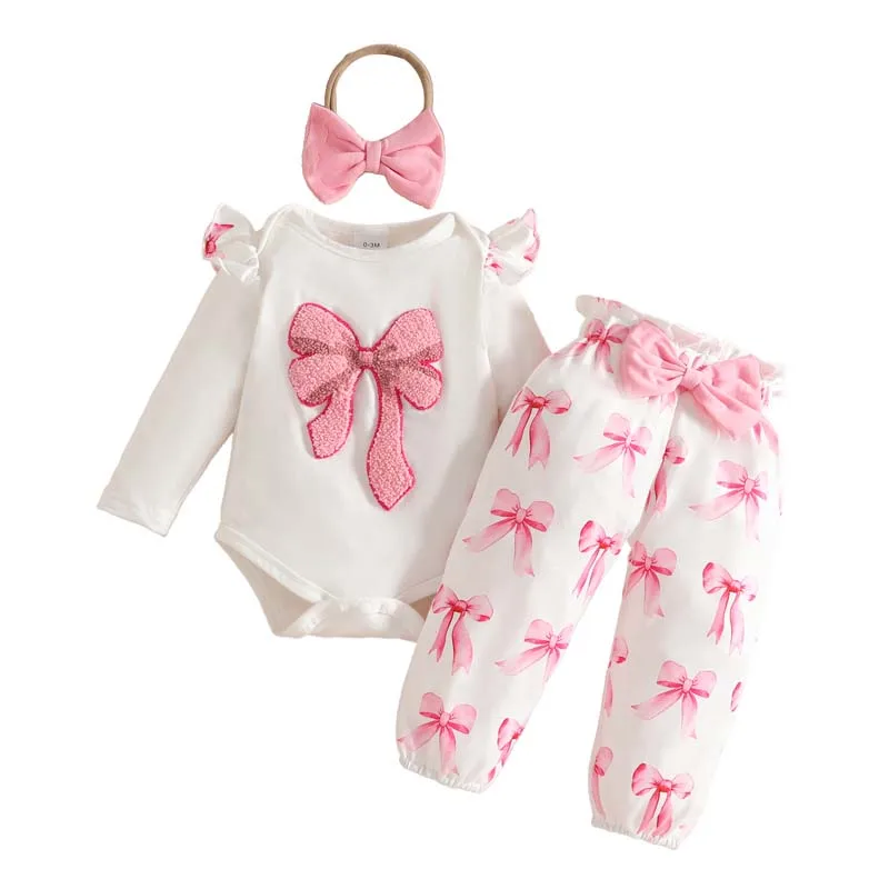 

Baby Outfits Newborn Girl Sets Bow Embroidered Bodysuit Elastic Waist Printed Pants Hairband Newborn Baby Clothes 0-18 Months