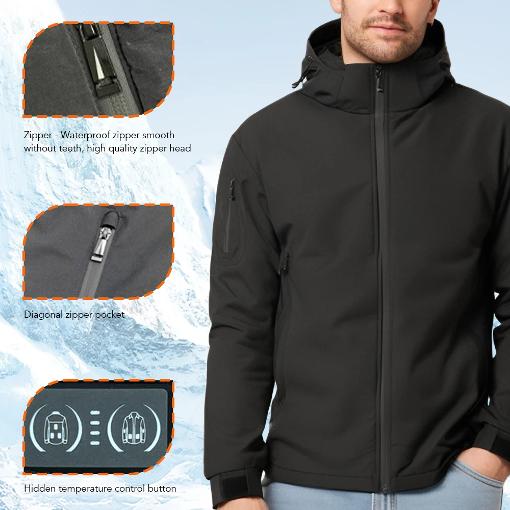 New Intelligent Heating Jacket Men 8 Area USB Electric Heated Hooded Coat Washable Windproof Warm Outdoor Jacket USB Charging