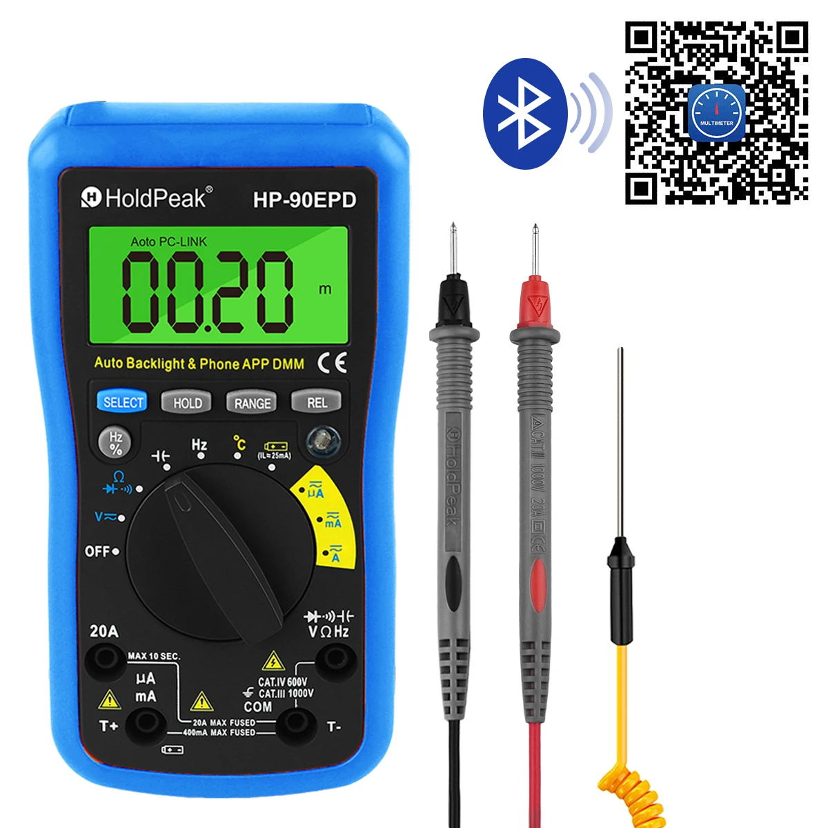 90EPD Bluetooth Digital Multimeter Auto-Ranging 4000 Counts Capacitance Frequency Temperature Tester with APP Remote Control