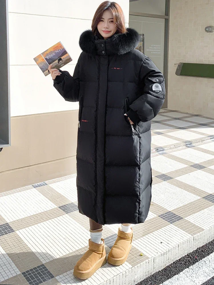 Chaqueta de plumón con cuello de piel de zorro grande Extra gruesa para mujer, ropa cálida y fría extrema de invierno, abrigo acolchado de pato blanco largo holgado de talla grande