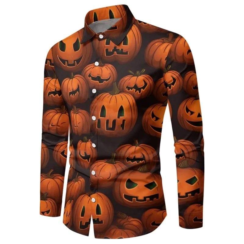 Men's Pumpkin Graphic Button Down Shirt 3d Printing Halloween Theme Long Sleeves Tee Shorts Mens Casual Oversized Blouse Tops