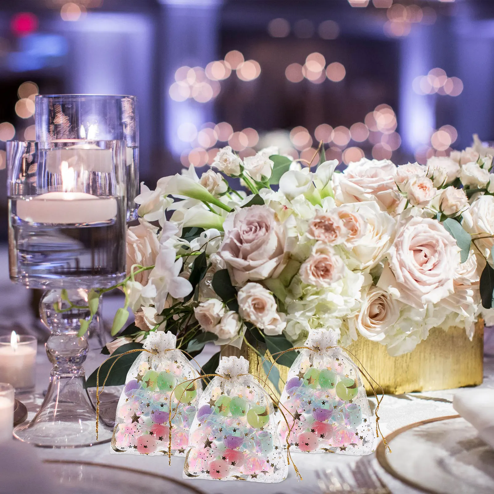 

100Pcs Moon Stars Drawstring Mesh Bags Wedding Candy Bags Party Treats Bronzing Gauze Bag Bronzing Gauze Bag Small Mesh Pouches