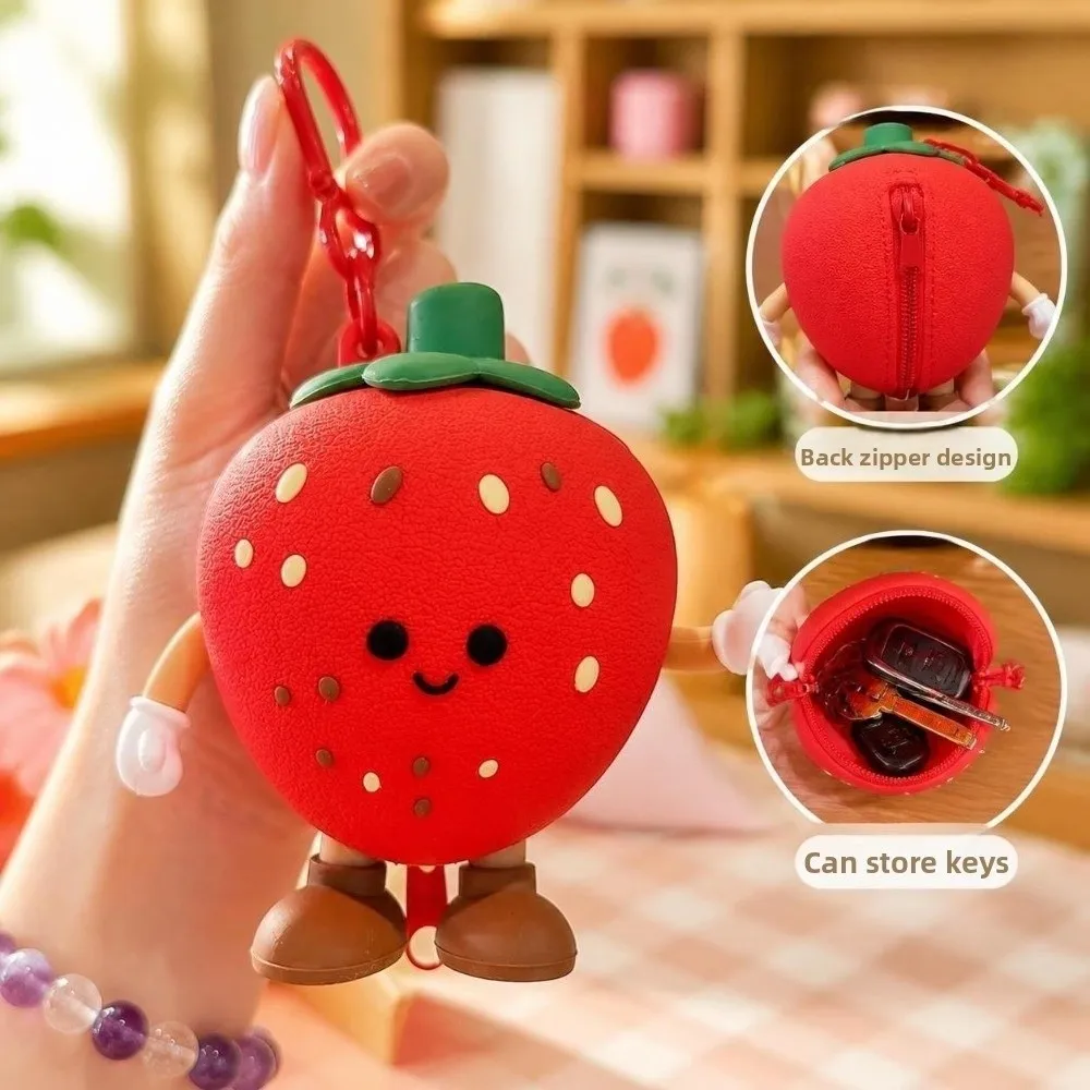 Strawberry Fruits Keychain Funny Creative Design Small Coin Purse Zipper Closure Blueberrie Silicone Bag Pendant