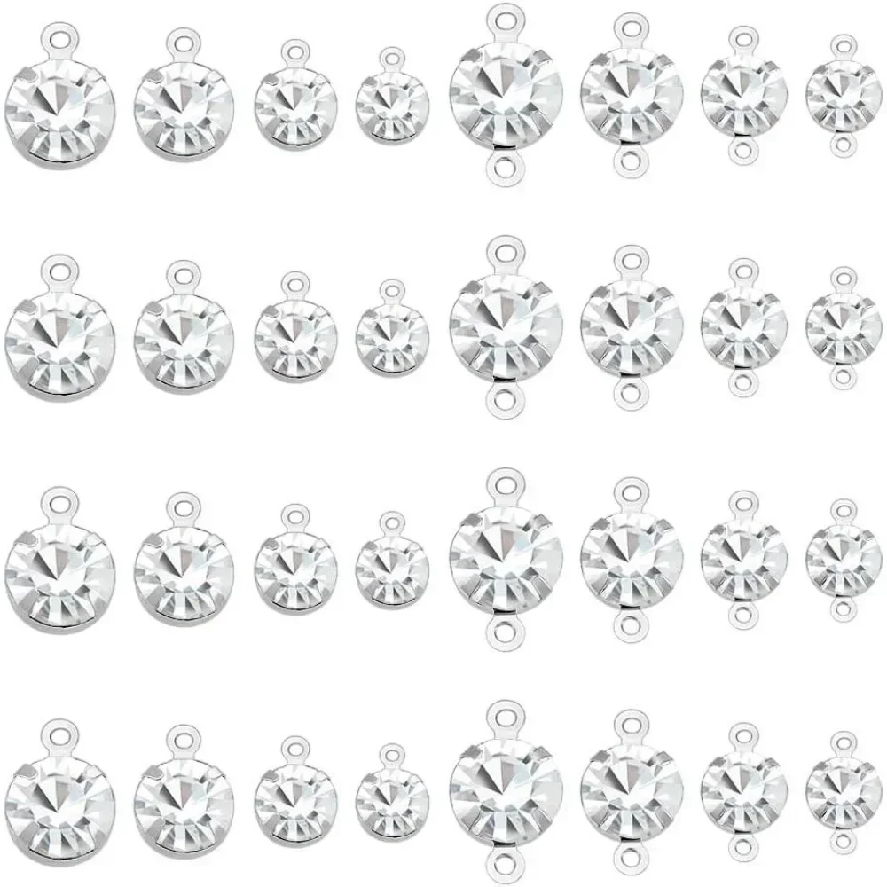 320 PCS Brass Cubic Zirconia Connector Charms 8 Style Flat Round Birthstone Charm Platinum Links Glass Links Pendent Charms