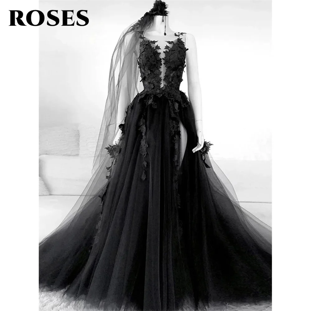 

ROSES Gothic Black Prom Dress Sexy Backless High Side Split A-line Evening Dress Lace Formal Party Gown With Veil Robe De Soirée