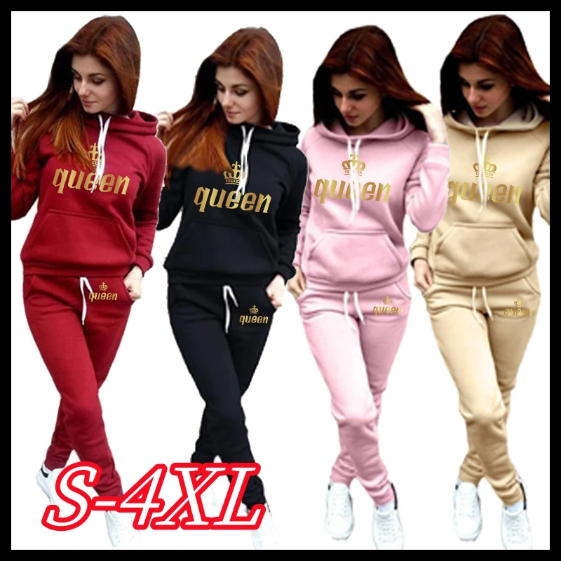 Womens Fashion Sports Suit Winter Warm Hoodies + Pants Tracksuits Casual Jogging Suit