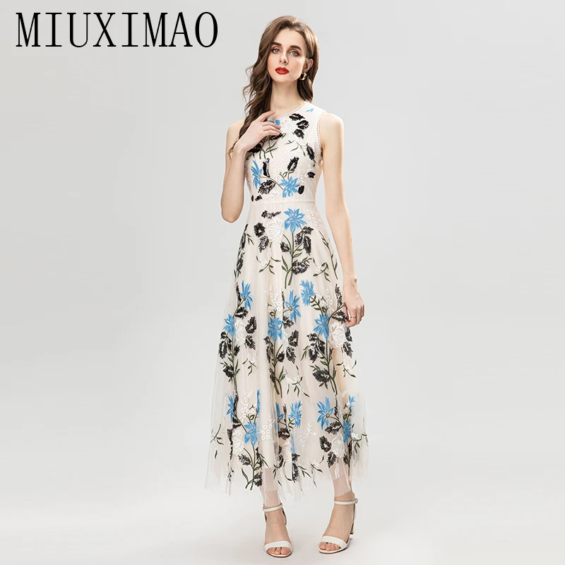 

MIUXIMAO 2023 Elegant and Pretty Women's Dresses Fashion Blue Flower Sequin Embroidery luxury Long Dress Women Female Dress