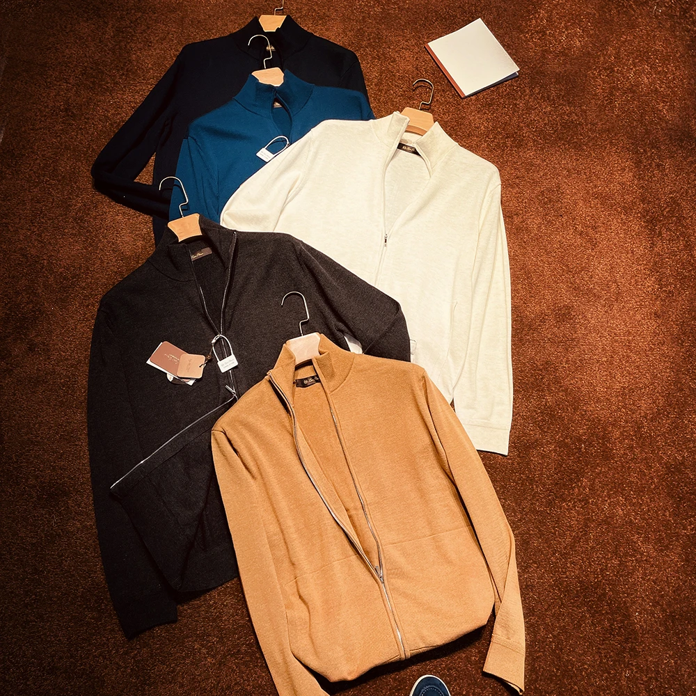 

Мужской шерстяной кардиган Trade King с шелковыми вставками, вязаный, с воротником-стойкой, длинными рукавами, теплый, на каждый день, с двойной молнией, повседневный трикотажный дизайн