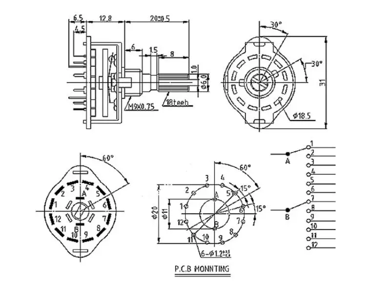 5PCS RS25 Shaft Panel Mount 1P11T 2P4T 2P5T 2P6T 3P3T 3P4T 4P3T Rotary Switch Selector Band