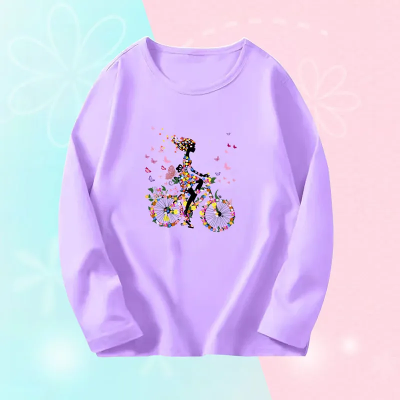 3~14Y Girl Pink Sweet T-Shirts Girl\'s Autumn Long Sleeve T-Shirts Kids Tee Tops Cute Bicycle Graphic T-shirts