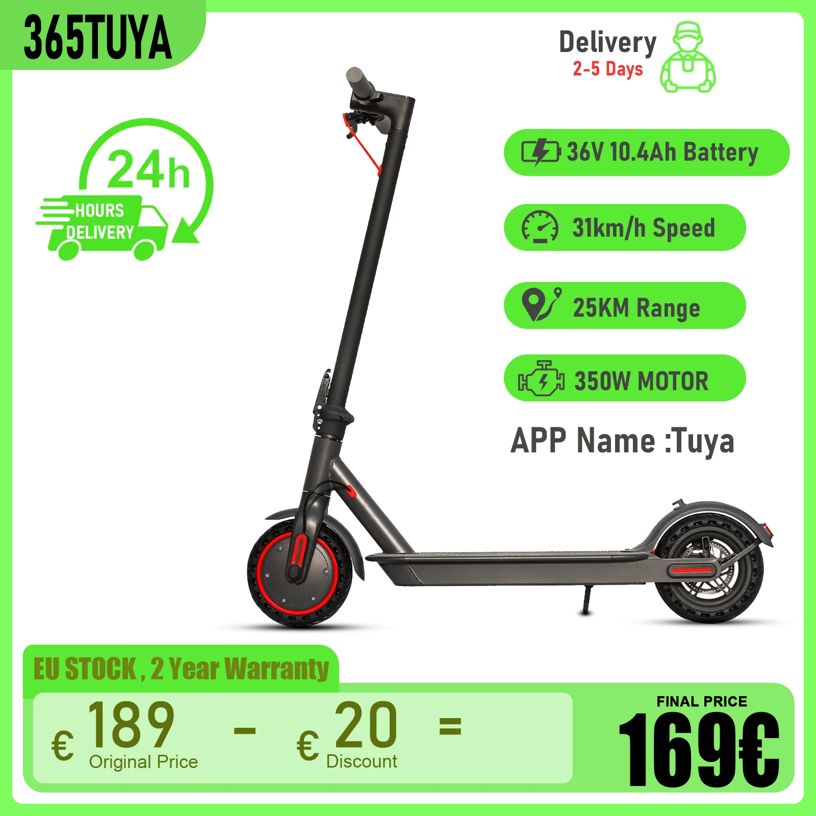 365TUYA Scooter elettrico 10.4Ah batteria ad alta capacità 350W motore velocità massima fino a 31 Km/h gamma 25KM City pendolarismo Escooter