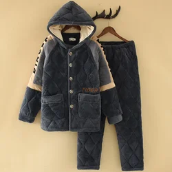 Pijamas acolchados de lana de Coral para hombres, conjunto de ropa de estar por casa de tres capas engrosada para adolescentes, estudiantes de secundaria Junior, Otoño e Invierno