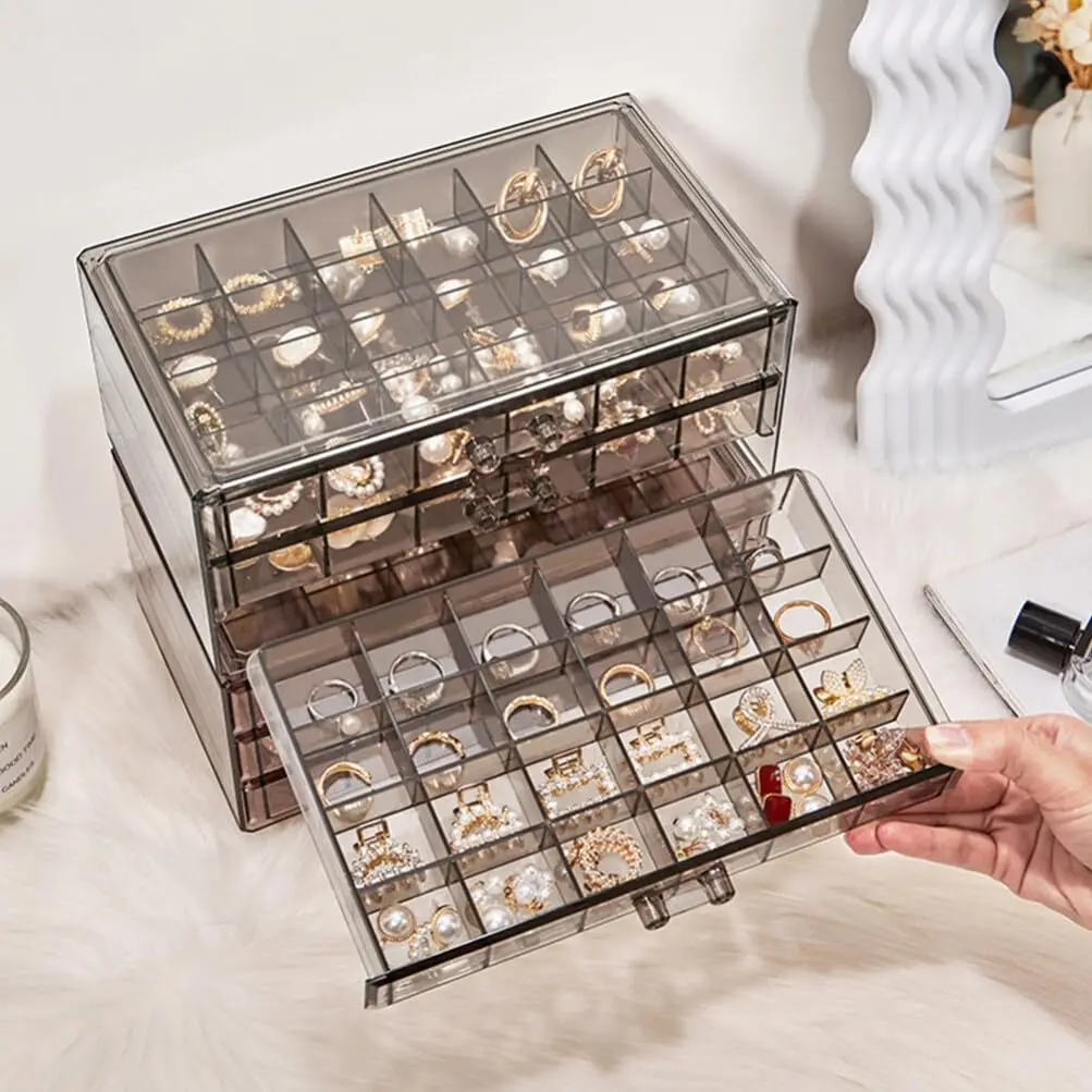 3-Layer 72-Grid Acrylic Multi Compartment Jewelry Storage Box Portable Earring Ring Drawer Organizer