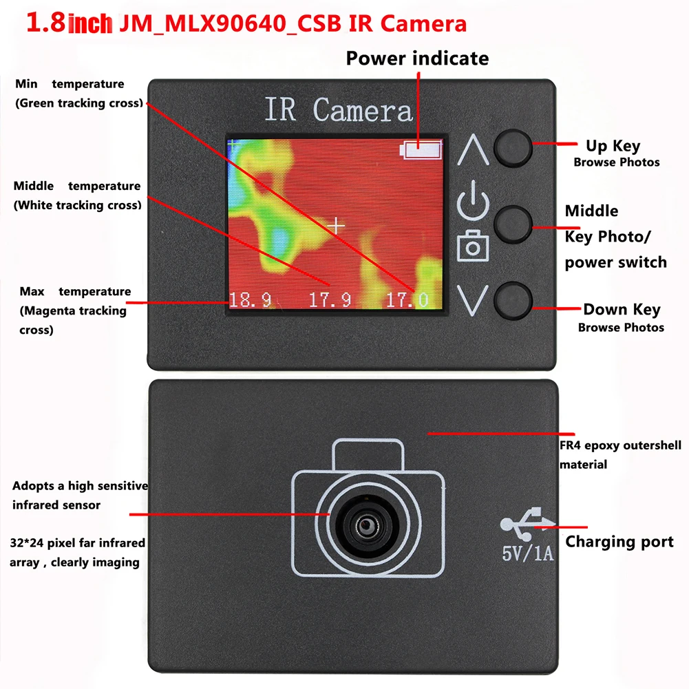 MLX90640 1.8 Cal kamera termowizyjna-40 ℃ do 300 ℃ kamera termowizyjna podczerwieni 160x128 IR rozdzielczość kamera z czujnikiem temperatury w