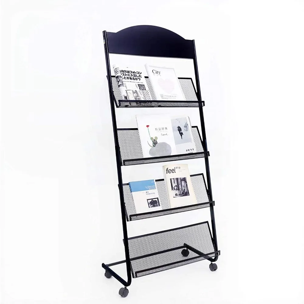 Magazine rack, 4-tier iron-wheeled newspaper rack, suitable for exhibitions, brochures or documents in the office