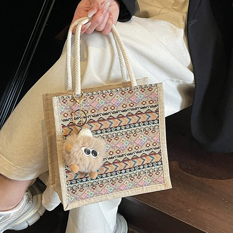 

Fashion Linen Button Zipper Handbag Large Capacity Grocery Bag Women Tote Beach Organizer Portable Shopping Bag Print Lunch Bag